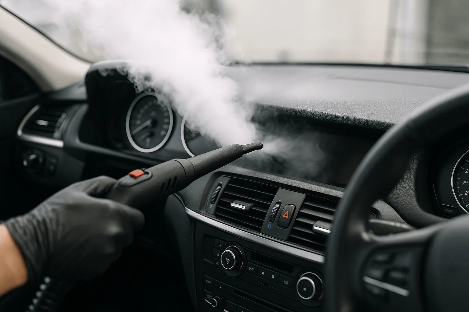 Interior steam cleaning across a vehicle dashboard and air vents